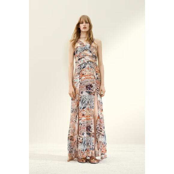 NWT H&M Studio Women's Beige‎ Draped Patterned Maxi Side Slit Dress Size Medium - Picture 9 of 9